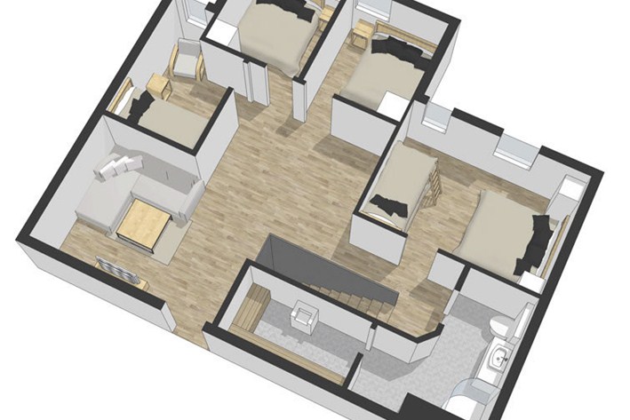 Planskiss andra etage med 4 sovrum och 1 badrum med bastu